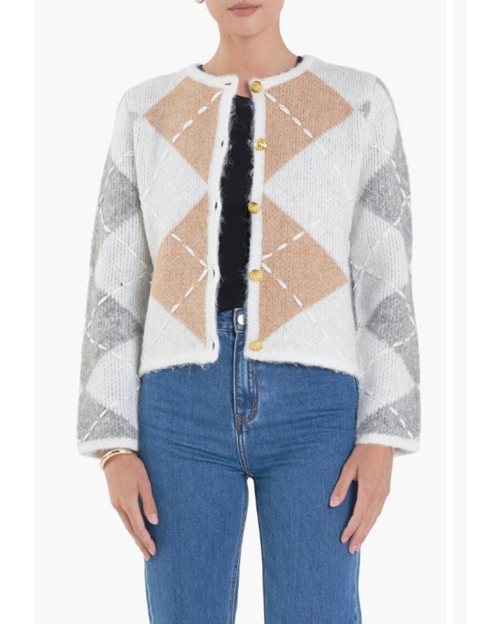 English Factory Argyle Crop Cardigan White Gray Tan Size 1X NWOT Preppy Classic